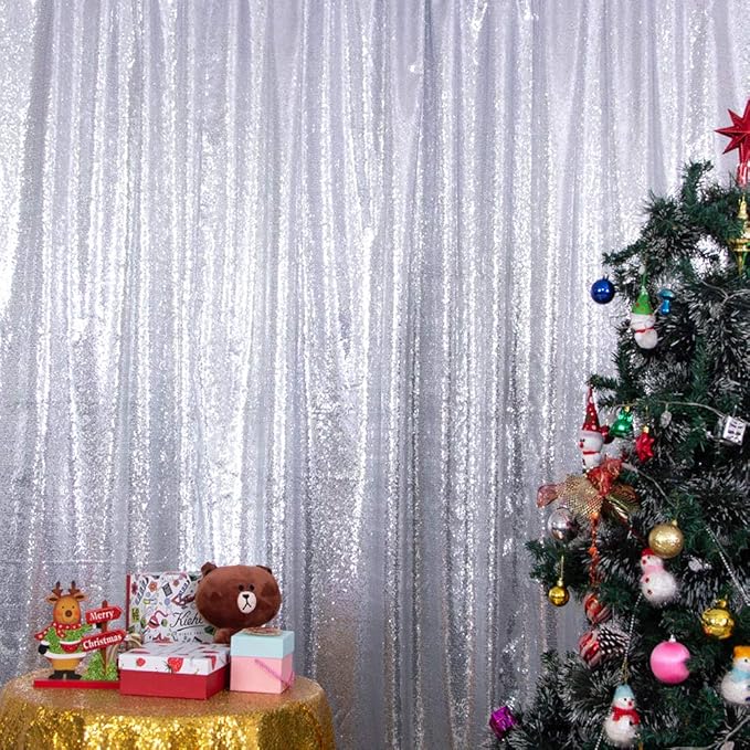 SquarePie Sequin Backdrop Curtain Background Opaque Non-Transparent Satin Sparkly for Wedding Party 10FT x 10FT Silver