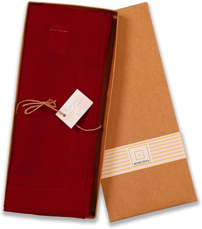 Linen Table Runner 14 x 72 Inch Long - 100% Pure Linen Christmas Red Table Runner - Cloth Fabric Hemstitch Runner for Thanksgiving, Christmas, Winter, New Year - Elara