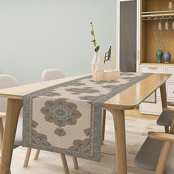 Boho Bohemia Style Table Runner, Vintage Teal Brown Retro Flower Rustic Country Style Floral Print Pattern for Home Kitchen Table Decor Dining Coffee Room Garden Party Decor 13x36in