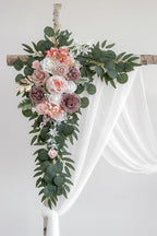 Dusty Rose Artificial Wedding Arch Flowers Kit (Pack of 3) with 26Ft White Shiny Arch Draping Fabric for DIY Wedding Party Ceremony Reception Backdrop Floral Decoration