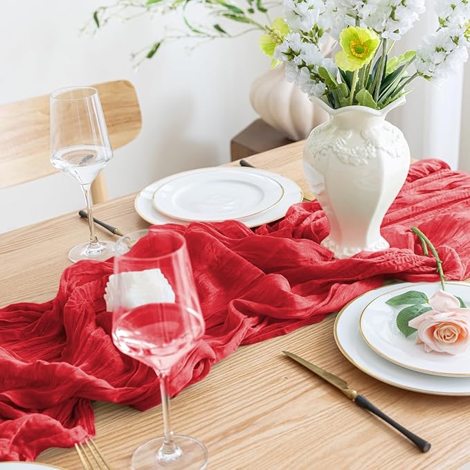 Asee'm 4PCS Fall Table Runner Cheesecloth 10FT Red Boho Gauze Fabric Rustic Sheer Cheese Cloth Runners for Thanksgiving Christmas Wedding Bridal Shower Party