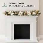 Holiday Tree White Gold Poinsettia Garland 5 Ft – Luxurious Christmas Garland with Metallic Accents, Festive Home Décor for Mantels, Doors & Tables