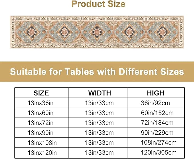 Vintage Boho Floral Table Runner, Rustic Country Farmhouse Grey Blue Orange Bohemia Flower Pattern for Home Kitchen Table Decor Dining Coffee Room Party Decor 13x120in