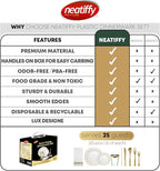 Neatiffy 225 Pcs Gold Rim Plastic Dinnerware Set (25 Guest) | 25 x (Dinner Plate, Dessert Plate, Gold Plastic Silverware, Cup, Napkin, Straw) | For Wedding, Luxurious Party, Special Event
