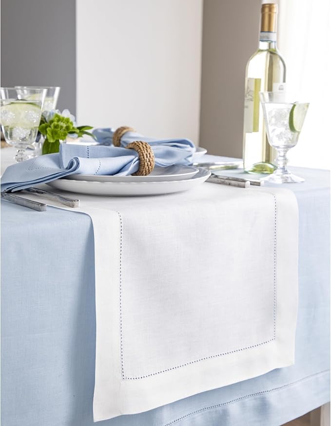 Solino Home Linen White Table Runner 48 Inches - Classic Hemstitch, 100% Pure Linen Coffee Table Runner 14 x 48 Inch Ideal for Dresser Tables - Fall, Autumn, Halloween, Thanksgiving, Holiday