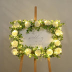Dolicer 2Pcs 13Ft Artificial Eucalyptus Garlands with Flowers - 8 Roses, Faux Floral Greenery Garlands with 13Ft String Lights Fake Flower Vines for Wedding Table Centerpieces Arch Party Decor (White)