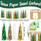 8P Sage-Green Beige-Mint Gold Foil Fringe Metallic Tassel Garland Banner, Tassels Banner Streamers for Parade Floats, Bachelorette, Wedding, Birthday, Christmas, Bridal/Baby Shower Party Decorations