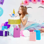 Cooraby 30 Pieces 5.1 x 3.1 x 9.4 Inches Colorful Kraft Paper Bags with 48 Stickers Party Treat for Wedding, Celebration, Birthday Party Supplies (Sky Blue, Light Purple, Pink)