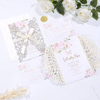 50Pcs Sliver Glitter Wedding Invitations with Envelopes and Rsvp Cards Ribbons Laser Cut Invitation Blank Inner Sheet Pearl Paper Tarjetas de Invitación Para Boda XV Anos Quinceañera Wedding Invite