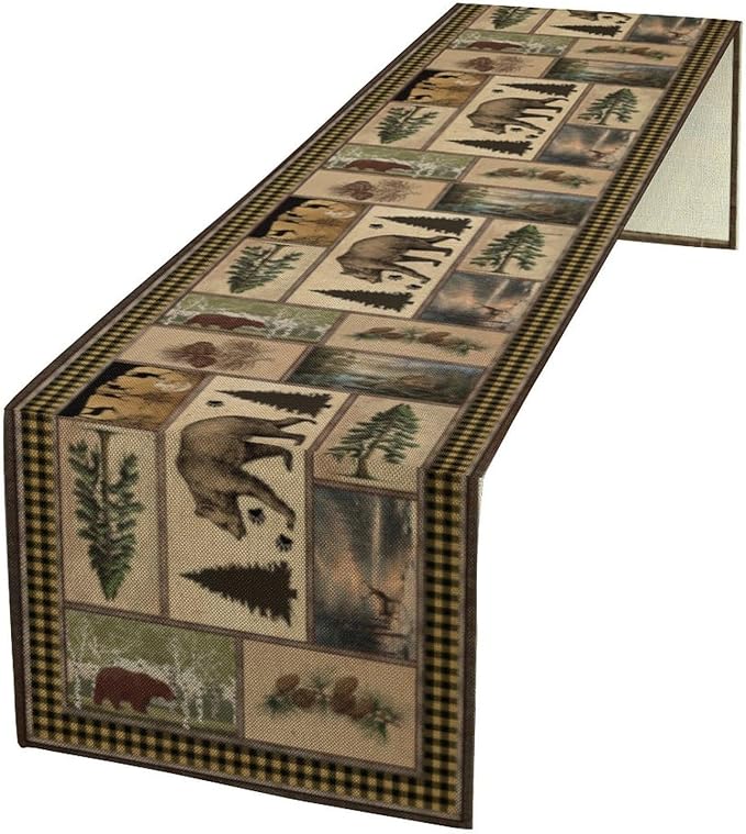 Country Lodge Bear Table Runner, Retro Vintage Bear Cottage Country Style Cabin Farmhouse Dinner Runner for Home Kitchen Dining Table Decoration,13x70 Inch