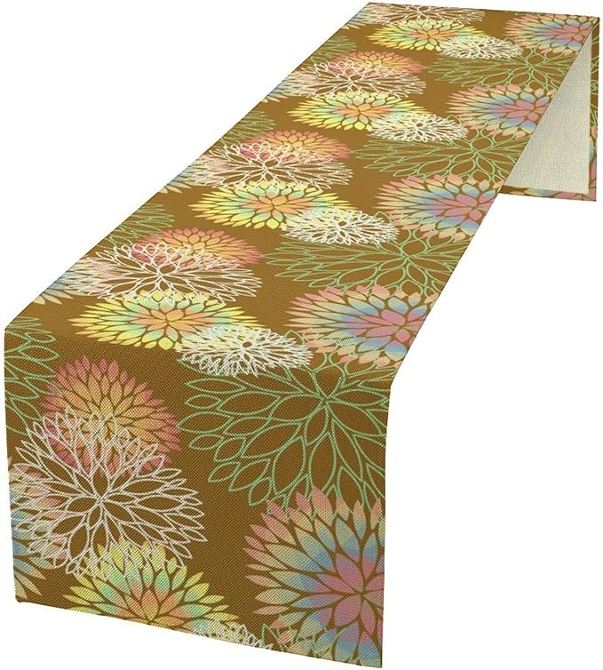 Brown Grey Dahlia Flower Table Runner, Linen Geometric Pattern Floral Table Decor Spring Farmhouse Decorations for Kitchen Dining Holiday Party Decor, 13x108 Inch