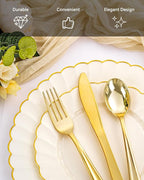 YOUBET 350PCS Ivory Scalloped Plastic Plates - Ivory and Gold Disposable Dinnerware Set Include 100 Plates, 150 Gold Silverware, 50 Cups, 50 Napkins for Wedding & Party & Thanksgiving