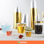 50counts 9 OZ. Disposable Cups Old fashioned Party Tumblers, 9 Ounce Squat Cups Gold Wine Glasses Hard Plastic Cups with Gold Rim