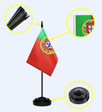 Portugal Portuguese Deluxe Desk Flag Set Small Mini Miniature Portugal Portuguese Table Desktop Flags With Solid Pole, Black Base and Spear Top(2 Pack)