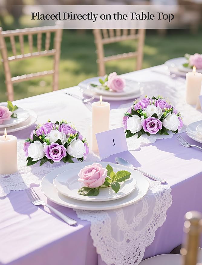 BLOSMON Lilac Purple Flowers Artificial: 2 Pcs Fake Roses Flower Balls Centerpiece for Wedding Table Decoration- Artificial Silk Kissing Bouquet Floral Arrangement for Home Party Event Decor