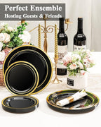 100PCS Black Plastic Plates Set with Gold Rim, 50 10.25 inch Dinner Plates and 50 7.5 inch Dessert Plates, Premium Disposable Plates forfor Party, Wedding, Holiday,And Halloween