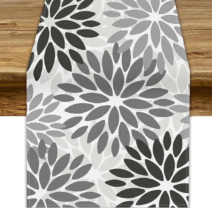 Gray Dahlia Flower Table Runner, Vintage Modern Linen Geometric Pattern Floral Table Runner Spring for Farmhouse Kitchen Dining Party Holiday Party, 13x120 Inch