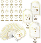 Wedding Table Numbers 1-30, 30 White Gold TableNumber Cards with 30 Gold Number Holders, 1 Set of 30 Table Numbers for Wedding Reception(Card and Holder)