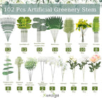 114Pcs Artificial Flowers in Vases Set, Fake Flower Greenery Stem Bulk Sets with 12Pcs Glass Bud Vases, Artificial Plants & Flowers for Wedding Centerpiece Table Decorations