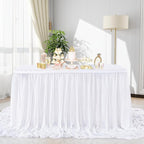 White Table Skirt for Rectangle Tables 14FT Chiffon Sheer Tablecloth for Birthday Party Sweetheart Cake Table Decoration