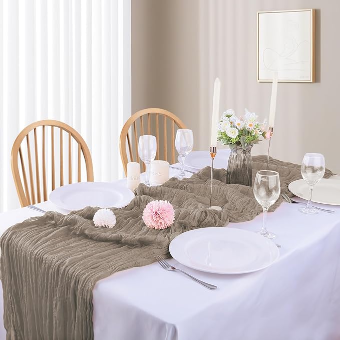 16PCS Nude Cheesecloth Table Runner 10FT Table Runner Cheesecloth 35x120Inch Boho Gauze Cheese Cloth Table Runner Long Rustic Sheer Table Runners for Wedding Party Baby Bridal Shower Table Decor