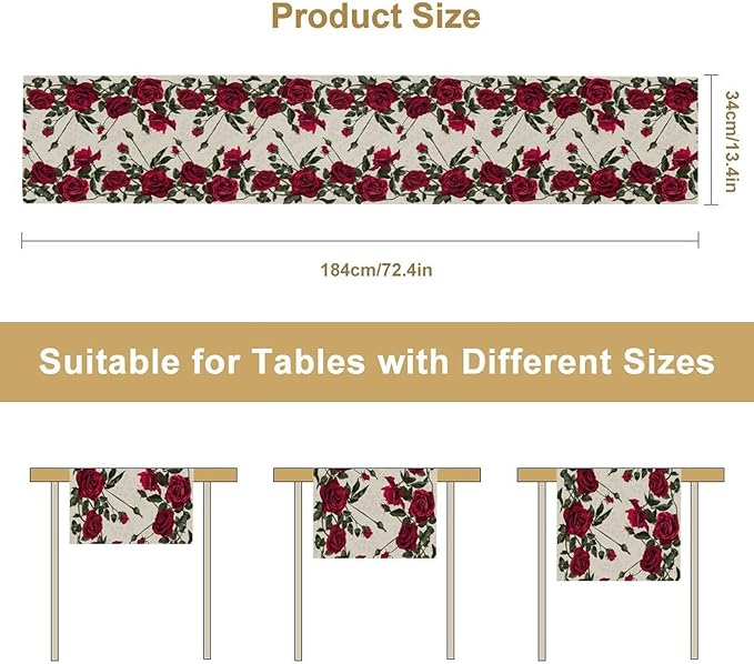 Rose Table Runner, Retro Red Rose Flowers Green Leaves Valentine's Day Kitchen Dinning Table Runner for Indoor Outdoor Home Wedding Party Holiday, 13x70 Inch