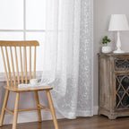 VISIONTEX White Sheer Voile Curtains, Decorative Beige Leaves Embroidery Faux Linen Rod Pocket Window Drapes for Home Kitchen, Living Room and Bedroom 54 x 63 Inch, Set of 2 Curtain Panels