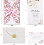 25pcs Glitter Laser Cut Wedding Invitation Kits Pink Personalized Invitation Pockets 5×7 Invitations with Envelopes and RSVP Cards Blank for Wedding Quinceanera Bridal Shower Engagement Birthday Party