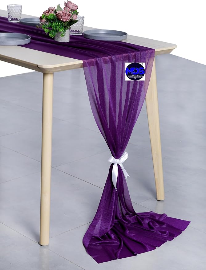 MDS Halloween Chiffon Table Runner - 25 Pack, 29 x 170 Inches, 14ft Each - Sheer Spooky Table Runners for Haunted House Parties, Trick-or-Treat Tables, Witchy Décor, Wedding & Events - Cadbury Purple