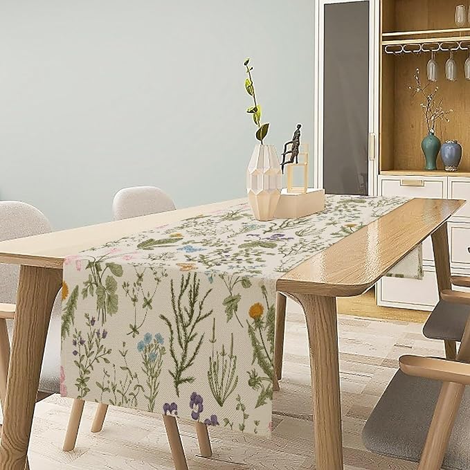 Floral Botanical Table Runner, Garden Spring Flower Botanical Butterfly Animal for Restaurant, Kitchen, Wedding, Party Rectangular Table Runner Decoration,13in（33cm） W * 90in（229cm） L