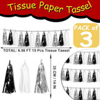 3P Black Silver White Metallic Fringe Tassel Banner Garland Foil Tinsel Streamer Wall Hanging Curtain Backdrop Banner for Parade Floats, Graduation Decorations, Halloween, Christmas Decorations