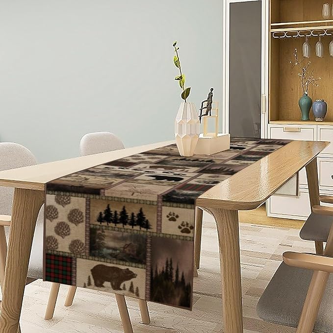 Retro Rusticd Cabin Table Runner Bear Country Farmhouse Vintage Lodge Table Runner for Party Dinner Festival Bedroom Living Room Kitchen 13x70 Inch