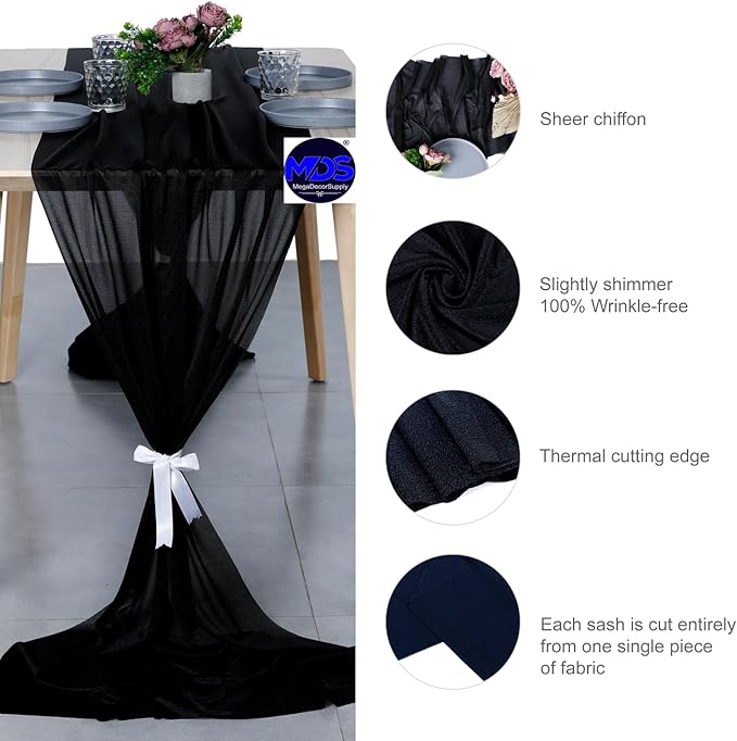 MDS Halloween Chiffon Table Runner - 12 Pack, 29 x 170 Inches, 14ft Each - Sheer Spooky Table Runners for Haunted House Parties, Trick-or-Treat Tables, Witchy Décor, Wedding & Events - Black