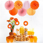 Pink-Orange Groovy Party-Decorations - 20pcs Fall Autumn Thanksgiving Harvest Paper Streamers Lanterns Fans,Tissue Pom Poms,Honeycomb Balls,Bunting,Birthday Baby Bridal Shower Wedding Decor Burgleda