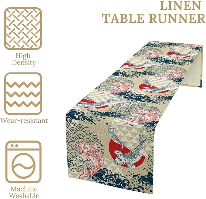 Japanese Table Runner Oriental Tradition Kio Fish Art Printed Burlap Runner Home Kitchen Dining Table Living Room Decor Fabric 1 Panel W13xL90in