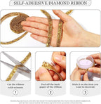 Rhinestone Ribbon 3 Yards Self Adhesive Rhinestone Strips Diamond Ribbon Sticker Crystal Roll Glitter Bling Rhinestones Tape for Crafting DIY Art Decoration (Gold,0.4 Inch)