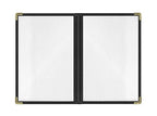 Goodsmart Restaurant Menu Covers – 25 Pack Black 4-View, Side-Loading Menu Holders, Vinyl & Plastic Café Menu Covers, Clear Menu Sleeves, Fits 5.5" x 8.5", Leather-Style Design, Gold Corners