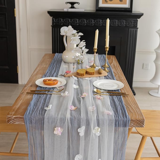 Romantic Artificial Floral Table Runner 10ft Gauze Tulle Lace Table Runner Set for Wedding Baby Shower Bridal Shower Holiday Kitchen Dining Table Decoration for Home Party Special Occasion