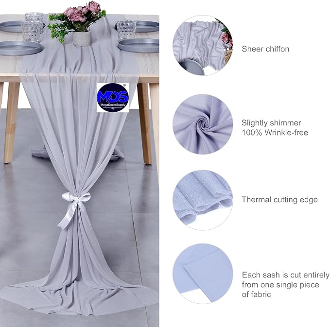 MDS Halloween Chiffon Table Runner - 12 Pack, 29 x 170 Inches, 14ft Each - Sheer Spooky Table Runners for Haunted House Parties, Trick-or-Treat Tables, Witchy Décor, Wedding & Events - Cool Gray