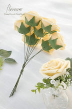 Floroom Artificial Flowers 50pcs Real Looking Creamy Yellow Foam Fake Roses with Stems for DIY Wedding Bouquets Bridal Shower Centerpieces Floral Arrangements Party Tables Home Decorations