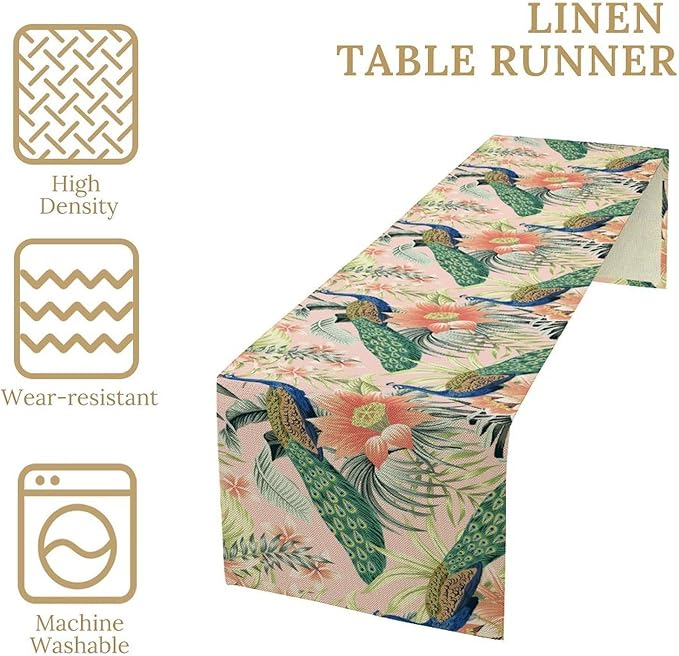 Peacock Table Runner,Pink Flower Peacock Birds Table Runner for Home Kitchen Dining Party Indoor Outdoor Decoration 13x36 Inch
