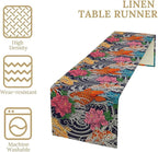 Japanese Retro Flowers Table Runner Oriental Tradition Kio Fish Art Printed Burlap Runner Home Kitchen Dining Table Living Room Decor Fabric 1 Panel W13xL120in