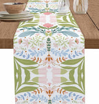Green Blue Pink Boho Floral Cotton Linen Table Runner for Dining Kitchen, Wedding Outdoor Party Tablerunners Decoration, Retro Bohemian Botanical Dresser Scarf Coffee Tablecloth Runners 13x48 Inches