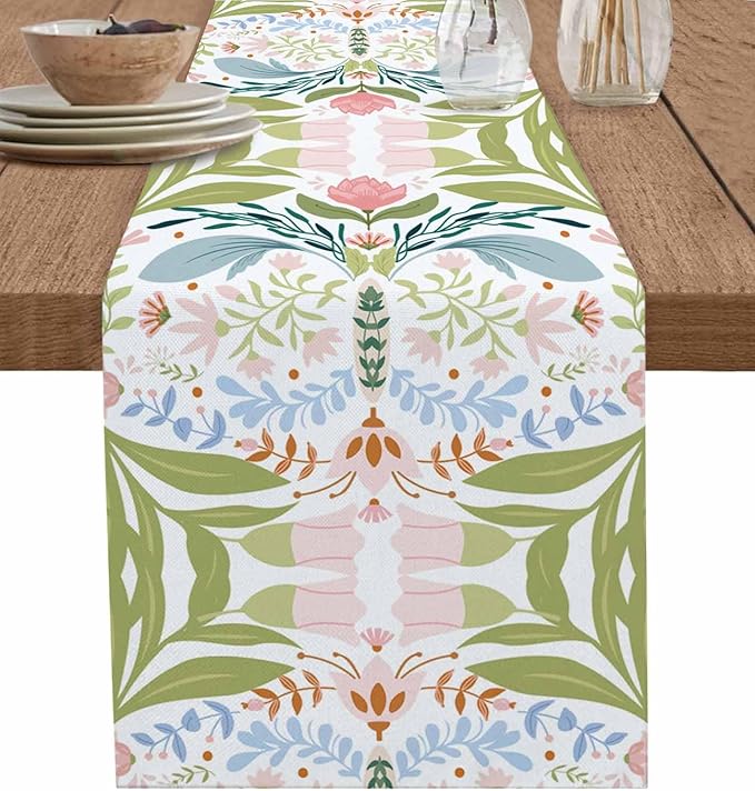 Green Blue Pink Boho Floral Cotton Linen Table Runner for Dining Kitchen, Wedding Outdoor Party Tablerunners Decoration, Retro Bohemian Botanical Dresser Scarf Coffee Tablecloth Runners 13x120 Inches