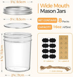 ComSaf Wide Mouth Mason Jars 16oz - 8 Pack, Pint Mason Jars with Lids and Seal Bands, Glass Canning Jars for Pickling, Jam, Jelly, Honey, Salad, Desert, Shower Wedding Favors, DIY Candles Decor