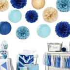 Dusty-Navy Blue Champagne-Gold Paper-Flowers Lanterns - 15pc Christmas Graduation Party Decorations Tissue Pom Poms Streamers,Birthday Bachelorette Bridal Baby Shower Engagement Wedding Decor Panduola
