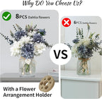 Fake Flowers with Vase,8 Dahlias, with a Flower Arrangement Holder,Silk Faux Dahlia Artificial Flowers in Vase,Centerpiece Table Decorations,Coffee Table Decor