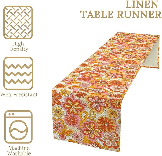Vintage Floral Table Runner,70s Style Retro Daisies Flower Hippie Table Runner for Kitchen Dining Table Home Party Decoration 13x120 Inch
