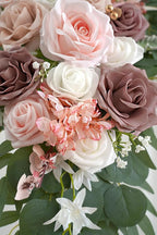 Dusty Rose Artificial Wedding Arch Flowers Kit (Pack of 3) with 26Ft White Shiny Arch Draping Fabric for DIY Wedding Party Ceremony Reception Backdrop Floral Decoration