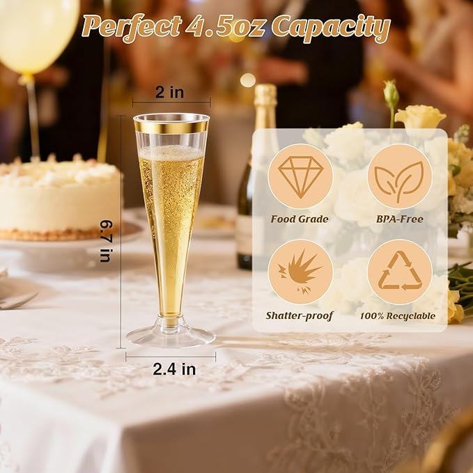 200 Pack Champagne Flutes Plastic Wine Glasses Disposable, 4.5 Oz Gold Rim Mimosa Glasses for 2025 Engagement Wedding Birthday New Years Eve Xmas Party Supplies, Bulk Toasting Cocktail Cups